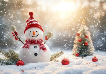 Obraz premium Snowman in Winter Wonderland with Christmas Tree and Ornaments