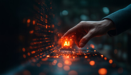 In a high-tech workspace, a person dressed in a business suit touches a glowing "AI" icon on a holographic display, surrounded by digital circuitry