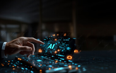 In a professional setting, a hand gestures towards a floating "AI" hologram above a tablet, surrounded by a network of digital icons and keywords