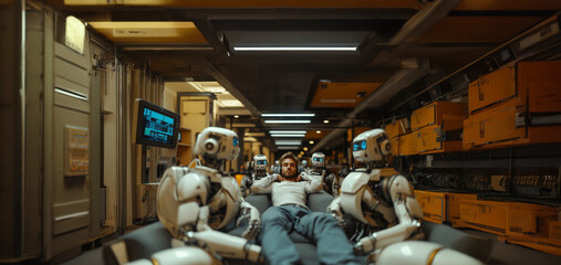 In a minimalist office environment, a young professional in a relaxed pose is flanked by two robotic figures in formal attire, each robot with distinct mechanical features and expressions