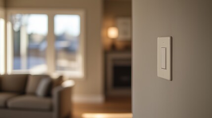 A modern light switch installed in a cozy living room with elegant natural lighting during the afternoon
