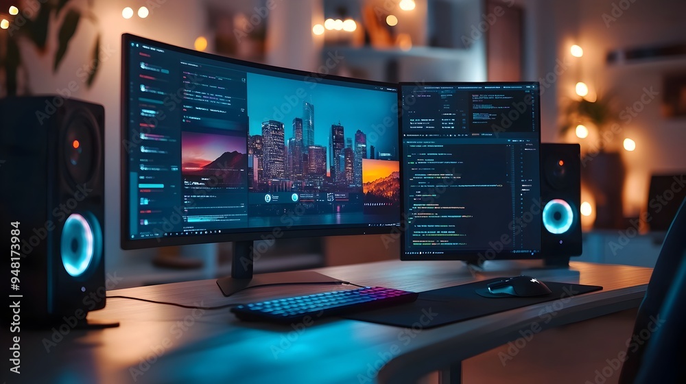 Poster modern website design on curved monitor with sleek user interface elements