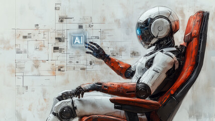 Rough charcoal sketch of a high-tech robot, seated in a chair, extending its hand to project a glowing "AI" symbol