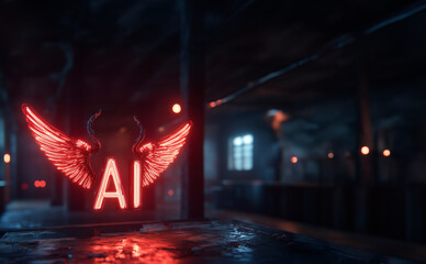 minimalist 3D design, the letters "AI" are shown with the "A" featuring an angelic halo and the "I" displaying horns and a tail. 