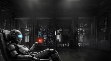 Rough charcoal sketch of a humanoid robot reclining in a chair, projecting a glowing "AI" icon from its hand. 