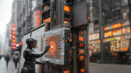 Rough charcoal sketch of a modern robot holding out its hand to display a glowing "AI" icon