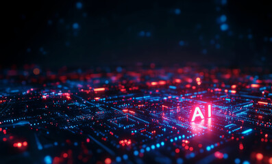 The word "AI" is illuminated in bright blue pixels, set against a backdrop of intricate digital connections and data points. The network of lines and nodes create a futuristic, grid-like