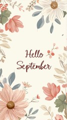 Floral illustration with Hello September text in the center, background