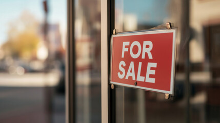 For sale sign hanging in window of empty storefront
