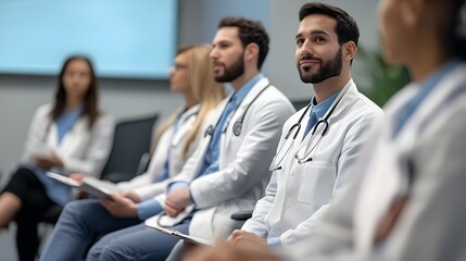 Fototapeta premium Group of Medical Professionals Attending Educational Seminar in Conference Room