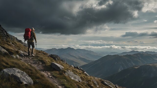 A lone hiker with a red backpack stands on a mountain path overlooking a vast valley and a cloudy sky.