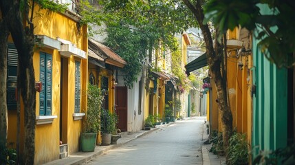 Fototapeta premium Quiet street in the old quarter of Hanoi, Vietnam, with colorful houses. No people, copy space.