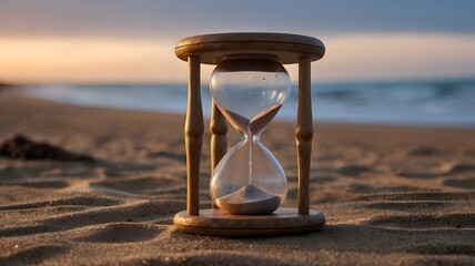 Wooden hourglass on a sandy beach at sunset.