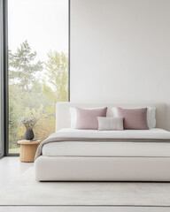 Fototapeta premium Modern minimalist bedroom interior in neutral colors with a bed next to a window and elegant decor.