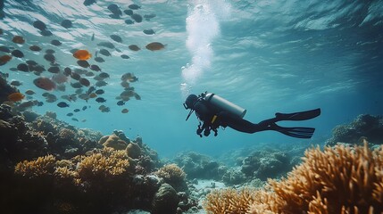 Scuba Diver Exploring Vibrant Underwater Coral Reef Ecosystem