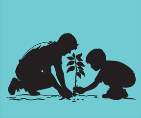 Father and Son Planting Together