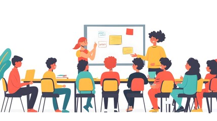 A doodle-style illustration of students in a classroom, listening to the teacher's speech on a whiteboard