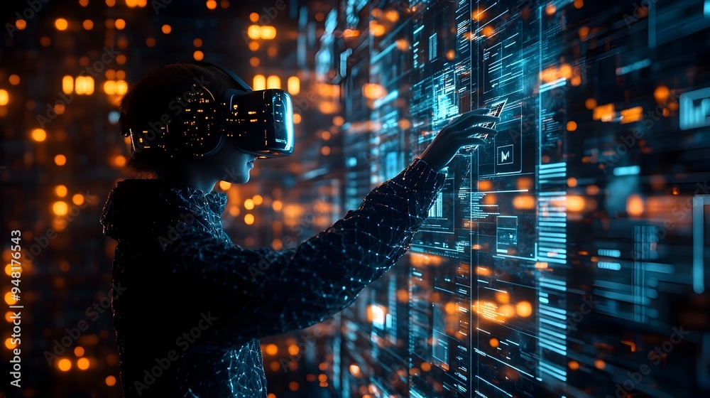 Poster virtual reality scene of user building website in 3d futuristic interface