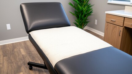 A clean, modern treatment table in a calming therapy room, perfect for wellness and healthcare services.