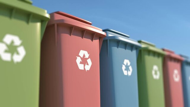 Garbage Recycling Bins Waste Background. 3d Colored Plastic Boxes Sorting Waste. Animation Garbage Bins for Environmental Protection. Vibrant Recycling Bins to Eco Friendly Disposal Bright Blue Sky 4k