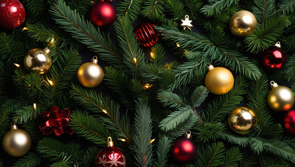 Beautiful Christmas Background with green fir tree brunch close up. Copy space, trendy moody dark toned design for seasonal quotes. Vintage December wallpaper. Natural winter holiday forest backdrop