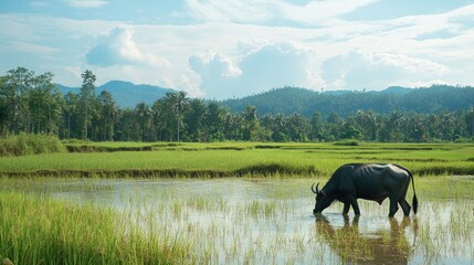 Southeast Asian rice field with water buffalo grazing, tranquil rural scene, no people
