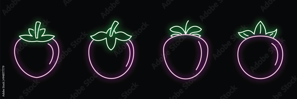 Poster glowing purple and green neon sign of a persimmon fruit in four different styles on a black backgrou