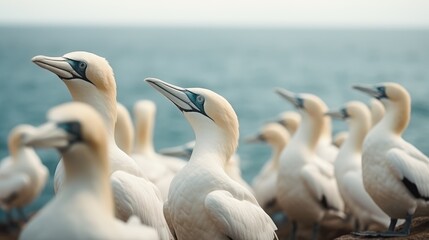 Obraz premium A Happy Flock of Seabirds Soaring over Rocky Beach and Ocean Waters
