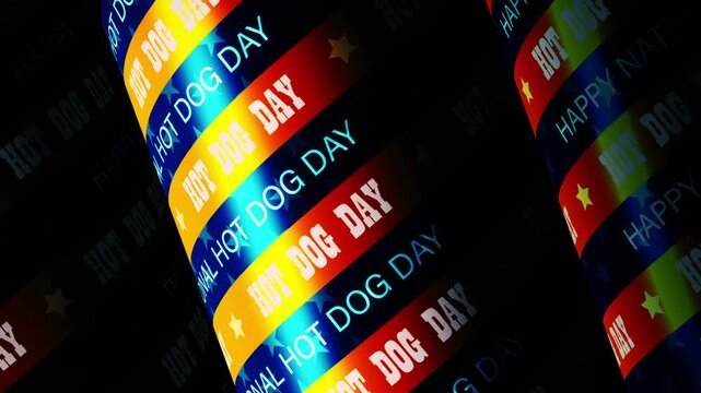 National Hotdog day white text on red blue paper 3D tube pattern title loop abstract background. 4K 3D National Hotdog day text animation for title, intro, transition, background.