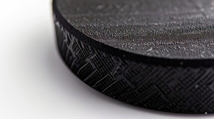 Close up of a hockey puck resting on white surface