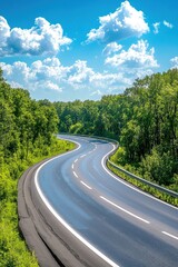 Fototapeta premium A scenic curved road surrounded by lush greenery and clear blue skies, perfect for travel and adventure imagery.