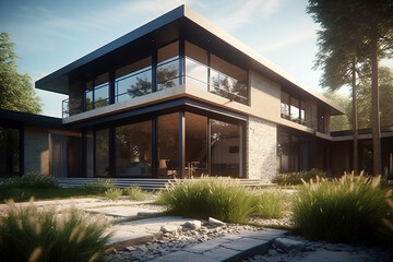 Contemporary private residence with a minimalist design, featuring large glass windows, stone accents, and a flat roof, surrounded by lush greenery.