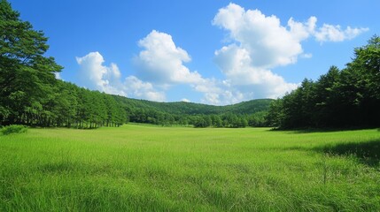 Obraz premium Early summer scenery of Mizumoto Park featuring lush grassland and forest.