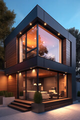 Compact modern residence with a cubic design, featuring floor-to-ceiling glass windows, warm wood accents, and sleek black framing, all illuminated by soft lighting.