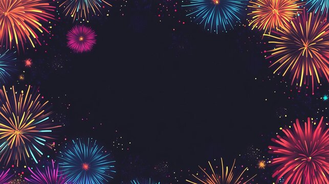 Festive vector border featuring vibrant fireworks bursting against a transparent backdrop, perfect for creating celebratory cards or event banners.
