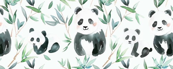 Soft and gentle pandas with bamboo in watercolor, minimalist background
