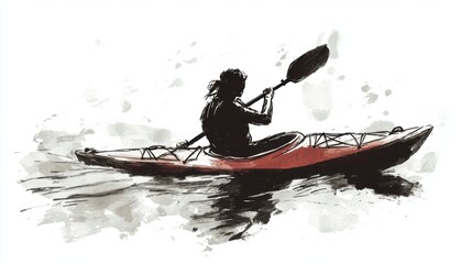 Sketch drawing of a female kayaking in water