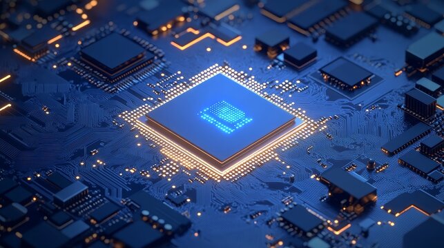 Glowing AI chip on blue circuit board, showcasing advanced technology. Computer microprocessor or semiconductor on motherboard. Digital illustration capturing the essence of modern computing.