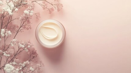 Top view of an elegant cream jar with a spread of product next
