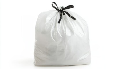 Image of a trash bag. The bag is white and has a black drawstring. It is isolated on a white background.