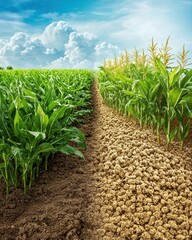 Fototapeta premium Lush green cornfield contrasting with harvested soil under a bright sky, showcasing agricultural beauty and crop diversity.