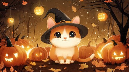 A cute cartoon cat wearing a tiny witch hat, surrounded by pumpkins and Halloween decorations.