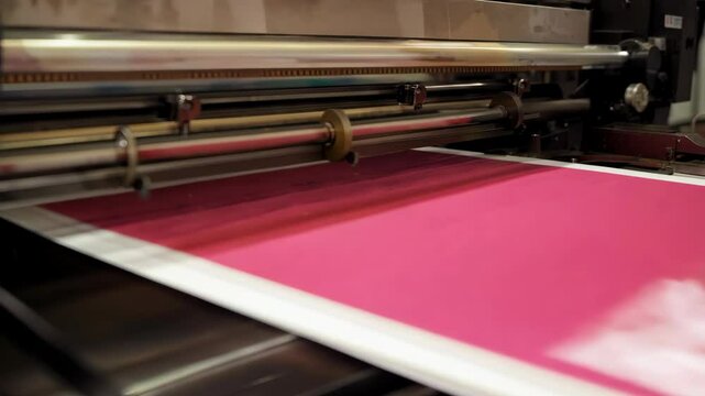 Closeup of a printing press producing vibrant blue and green designs in a busy printing facility