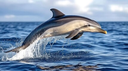 Fototapeta premium A dolphin joyfully jumps from the shimmering water, sending splashes in all directions while illuminated by warm sunlight against a backdrop of an expansive ocean
