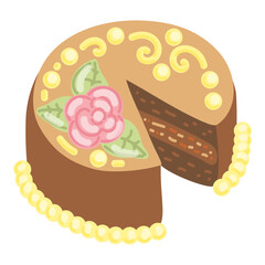 Cake hand drawn flat. Festive dessert with flowers. Sweet pastry with cream. Birthday cake. Food for the holiday. Sugar sponge cake. Baker. Chocolate cake. Vector art image.