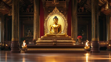 Obraz premium Stunning Southeast Asian temple with golden Buddha statue, spiritual and serene atmosphere