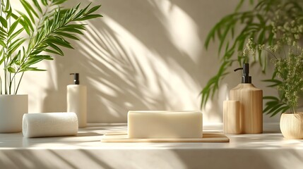 A minimalist bathroom scene with natural soap, a wooden dispenser, and green plants.