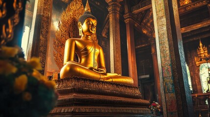 Obraz premium Stunning Southeast Asian temple with golden Buddha statue, spiritual and serene atmosphere
