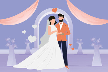 The couple stands romantically.