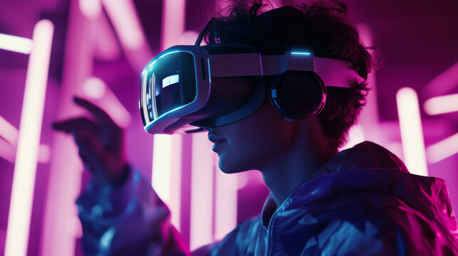 An abstract digital illustration depicting a virtual reality esports gaming background. The central figure is a warrior in a dynamic fighting pose, with multiple hands extended in various combat actio